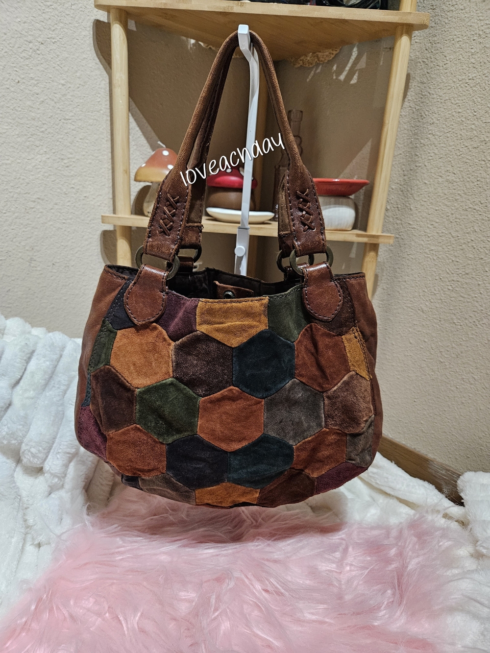 VTG.โLucky Brand Patchwork Suede Hexagon Hobo Bag - Multi Brown